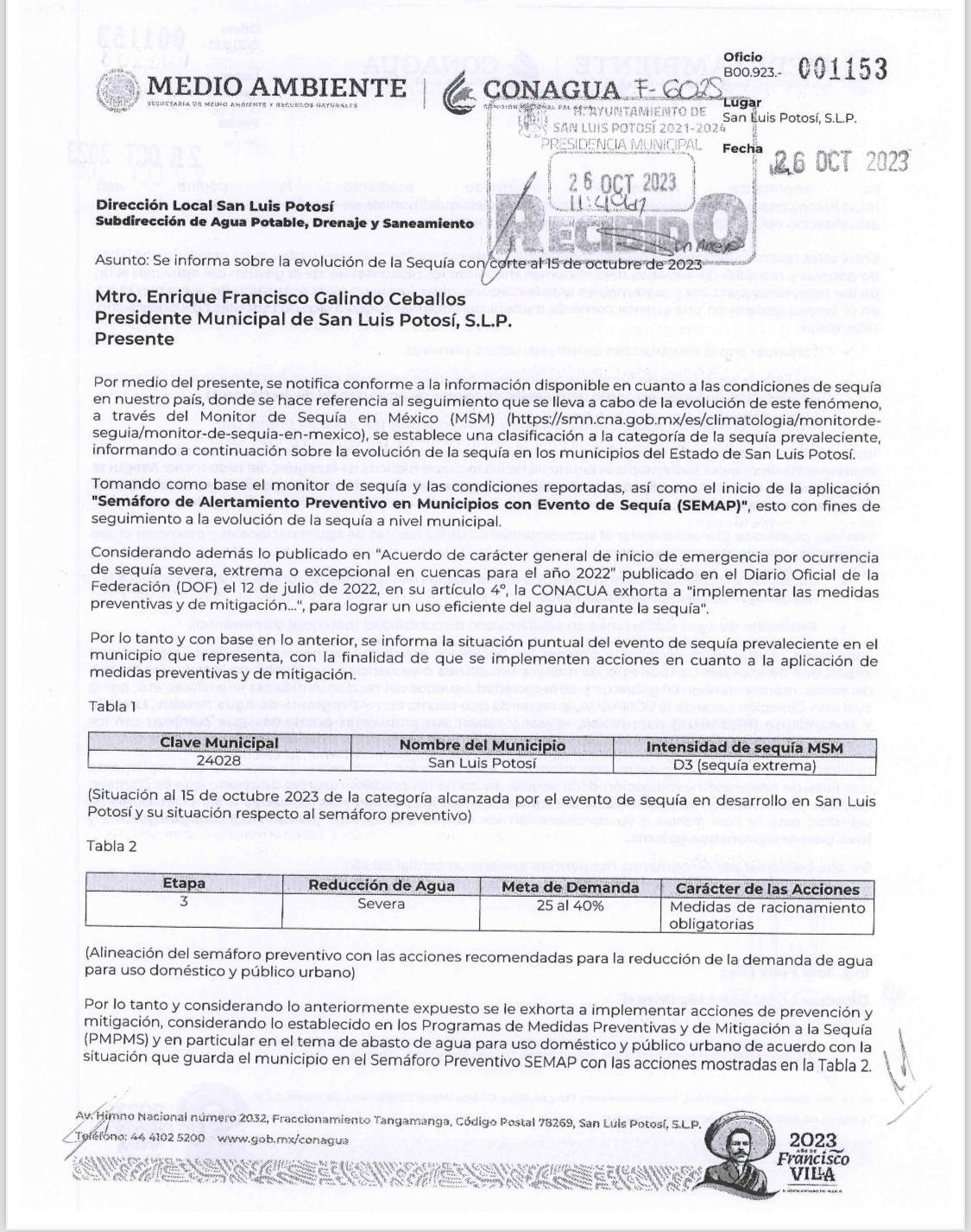 Reitera Enrique Galindo el rechazo a incrementos para las tarifas de agua en 2024