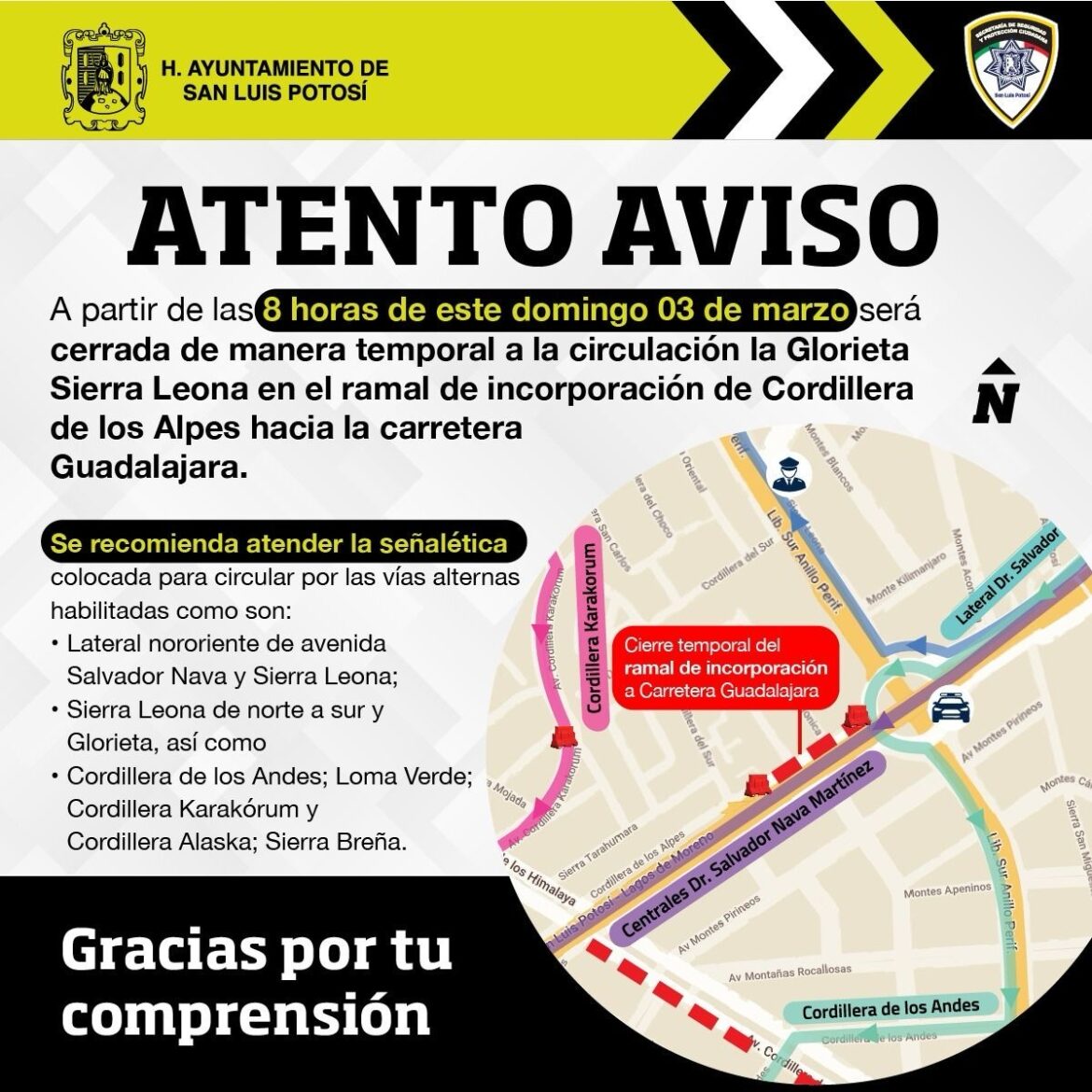 Por obras del Puente Inferior Vehicular Himalaya, cierre vial en tramo de Alpes con Sierra Leona, hacia el poniente