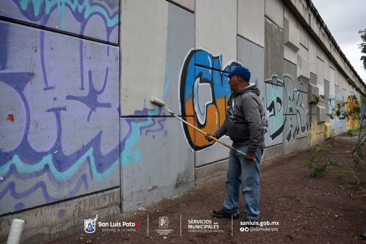 Ayuntamiento de SLP realiza labores de pintura y retiro de grafiti en el puente de avenida Xicoténcatl